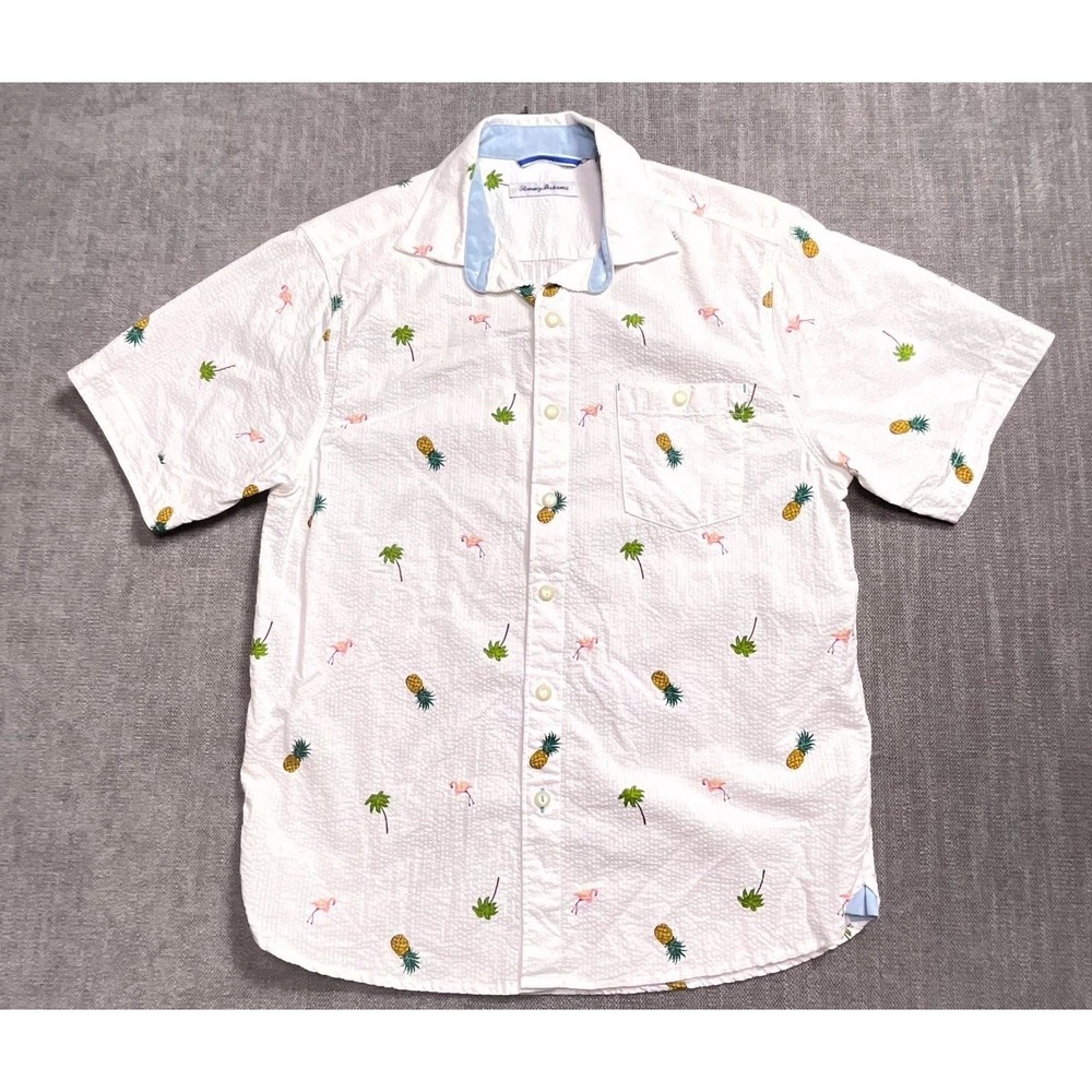 Tommy Bahama Shirt Mens Small White Flamingo Pineapple Palm Tree Print Button Up